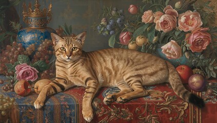 A sleek Bengal cat with golden-toned fur lounges among luxurious Renaissance fruits and flowers, rendered in vivid, detailed realism that exudes elegance and sophistication.