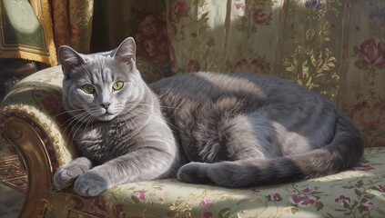 A graceful Russian Blue cat with silver-blue fur lounges in a sunlit, luxurious interior, captured in exquisite detail with elegance, sophistication, and lifelike artistry.