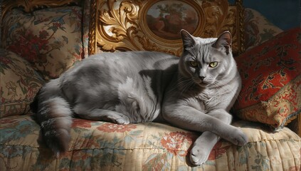 A graceful Russian Blue cat with silver-blue fur lounges in a sunlit, luxurious interior, captured in exquisite detail with elegance, sophistication, and lifelike artistry.