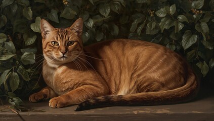A poised Abyssinian cat with russet and golden ticked fur lounges among lush foliage, bathed in soft sunlight, captured in exquisite detail with elegance and serene beauty.