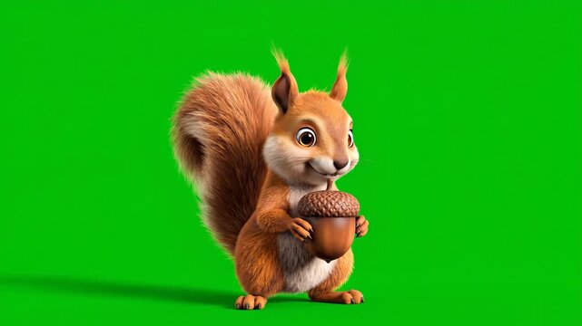 Cute Squirrel Holding Acorn in Bright Green Screen Studio Detailed Cartoon Animation Happy Expression Bright Lighting Animated Character