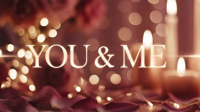 Romantic You and Me Text Overlay with Soft Bokeh Lights and Rose Petals for Valentine's Day Wedding Anniversary Celebration Love Story Background