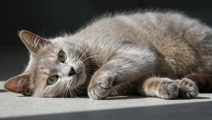 A graceful Korat cat with silvery-blue fur and bright green eyes lounges elegantly in sunlit surroundings, captured in exquisite photographic detail highlighting its poise and beauty.