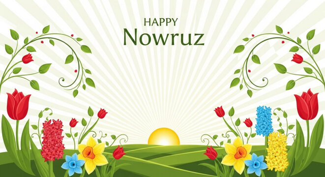 Happy nowruz greeting card with colorful spring flowers and sunrise