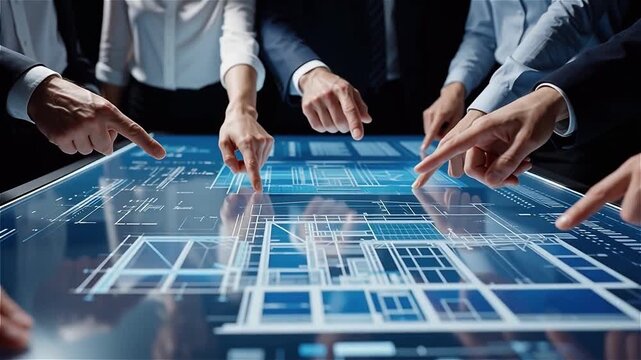 Collaborative Data Analysis - Team Interacting with Futuristic Digital Interface