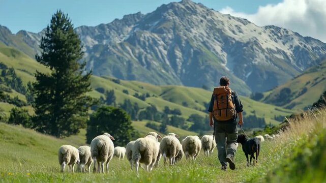 A shepherd leads his flock through a picturesque, grassy valley, under towering mountains.