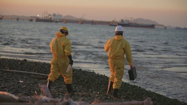 Environmental workers wearing protective hazmat suits walking along a rocky shoreline at sunset. Marine pollution control, environmental protection, oil spill response, environmental inspection.