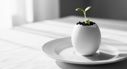 Monochrome: a sprout breaking through an eggshell on a white plate, a symbol of new life and ecological concept. AI generated.
