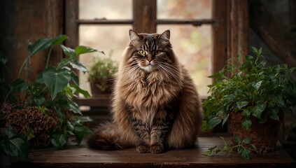 A majestic Norwegian Forest Cat with thick, fluffy fur and bright eyes sits on a wooden table amid lush plants, bathed in warm light, captured in a serene, rustic still life.