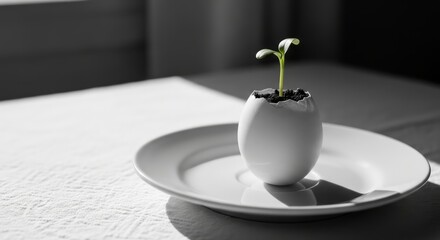 Monochrome: a sprout breaking through an eggshell on a white plate, a symbol of new life and ecological concept. AI generated.
