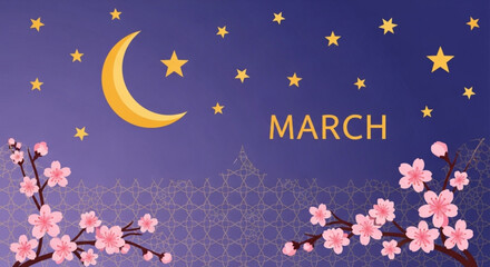 Fototapeta premium Nighttime cherry blossoms under starry sky with crescent moon in march
