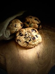 chocolate chip cookies on wooden table