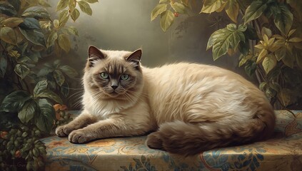 A regal Birman cat with warm cream and smoky grey fur lounges in a sunlit indoor garden, captured in a serene, detailed painting showcasing elegance and tranquility.