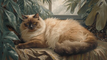 A regal Birman cat with warm cream and smoky grey fur lounges in a sunlit indoor garden, captured in a serene, detailed painting showcasing elegance and tranquility.