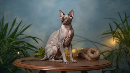 A regal Sphynx cat with hairless, pinkish skin and large ears sits on a wooden table amid plants and toys, bathed in warm light against a soft blue backdrop in a cozy still life.