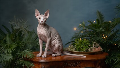 A regal Sphynx cat with hairless, pinkish skin and large ears sits on a wooden table amid plants and toys, bathed in warm light against a soft blue backdrop in a cozy still life.