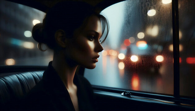 A taxi window rainy portrait, Ai generated image