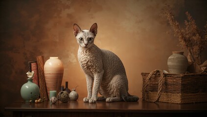 A curly-haired Devon Rex cat with large eyes and ears sits on a wooden table amid warm ceramics, books, and a basket, bathed in gentle light in a cozy, serene still life.