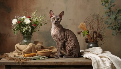 A sleek Cornish Rex cat with curly gray-brown fur and large ears sits on a rustic table amid flowers, cat toys, and natural textures, bathed in soft, warm sunlight.