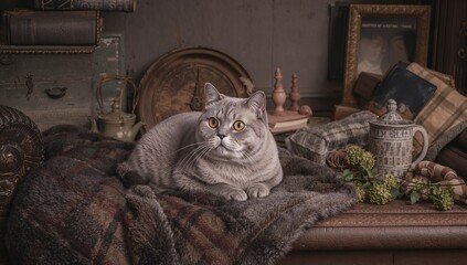 A Scottish Fold cat with folded ears and soft gray-and-white fur sits on a plush tartan blanket amid vintage Scottish items, bathed in warm natural light in a cozy scene.