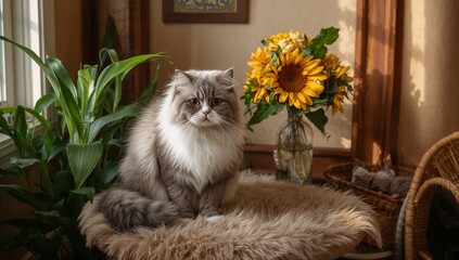 An American Curl cat with curled ears and fluffy grey-and-white fur sits on a wooden table amid sunflowers, plants, and soft sunlight in a warm, cozy, rustic interior.