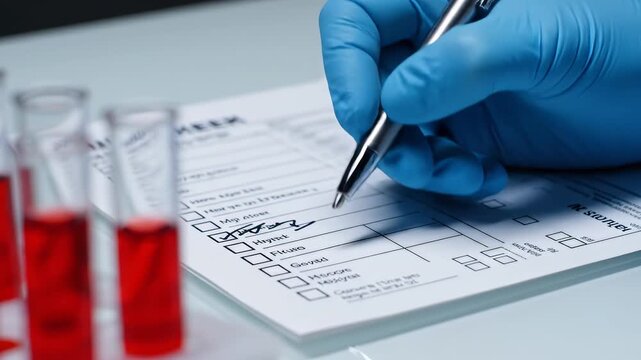 Scientist filling test form with blood samples