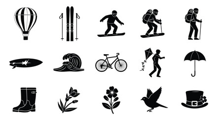 Obraz premium Collection of various black silhouette icons on white background