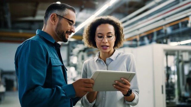 engineer listening to colleague explaining tablet schematics, factory background, ultra sharp faces and tablet, natural textures, subtle film grain, shot on Canon EOS  4K