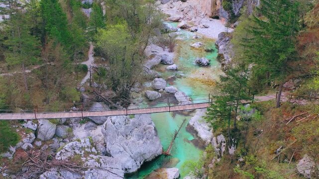 Turquoise river canyon and bridge aerial view