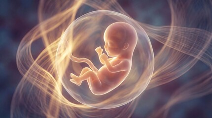 Detailed three dimensional rendering illustrating a developing human fetus floating serenely inside the protective amniotic sac during the second trimester of gestation against an abstract background