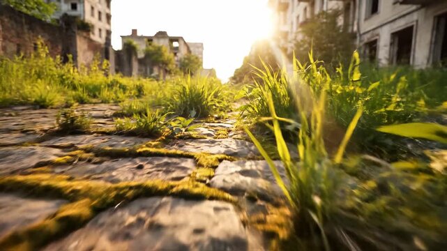 Green plants and moss thrive on an old cobblestone path. Abandoned buildings appear in the background with bright sunlight. Nature reclaims the decaying urban environment.