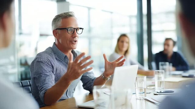 middle-aged man wearing glasses explaining a project to his team, seated at a conference table, active 4K
