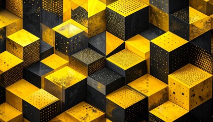 Stacked black and yellow cubes in high-contrast geometric grid with textured surfaces
