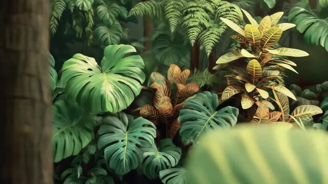 Lush green jungle foliage, monstera leaves, ferns, and plants create a  dense, natural backdrop