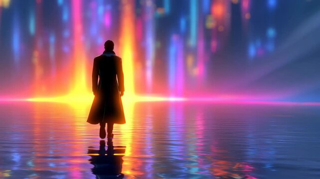 Epic gaming background of a character walking towards neon lights. A sci-fi concept for game menus and loading screens.