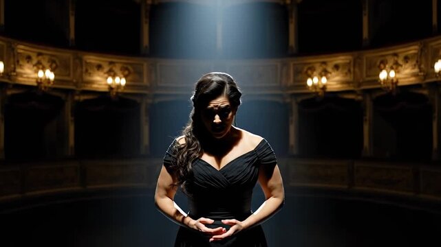 Opera Singer Performing on Stage with Dramatic Lighting and Expression.