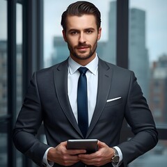 Businessman in dark gray suit holding smartphone in modern office with city view