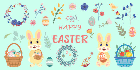 Fototapeta premium Collection of elements Cute bunnies, colorful eggs, spring flowers, Easter wreaths, basket with eggs flowers Perfect for holiday cards, invitations, decorations, kids designs Happy Easter set
