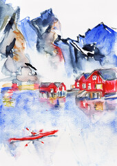 Hand Painted Watercolor Illustration of Lofoten Islands, Norway - Red Fishermen Houses, Nordic Coastal Landscape