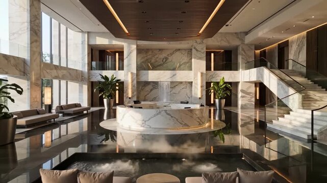 Sweeping high-angle wide shot of a vast empty high-end luxury spa lobby showcasing minimalist decor, polished floors, and the central marble reception hub polished, wide, floors