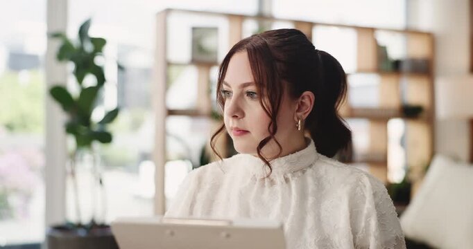 Writing, clipboard or woman in office with review, notes or guideline in marketing campaign. Reading, agency or content specialist with tech, planning report or project checklist for brand awareness.