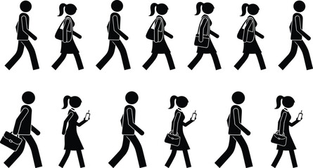 Fototapeta premium Walking people silhouette sequence showing men and women with bags and phones representing urban lifestyle, commuting, and everyday pedestrian movement