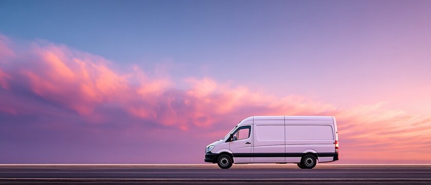 A white van is driving down the street at speed with a blurred background in the color of a yellow sunset. Concept of cargo transportation, goods delivery