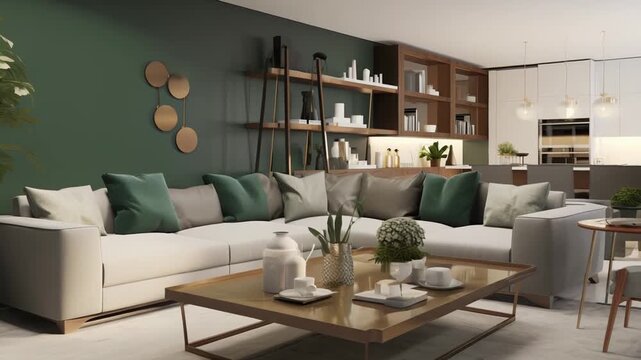 Spacious open concept living room featuring a large comfortable sectional sofa with green and grey cushions, stylish coffee table, and an integrated dining area within a contemporary home interior