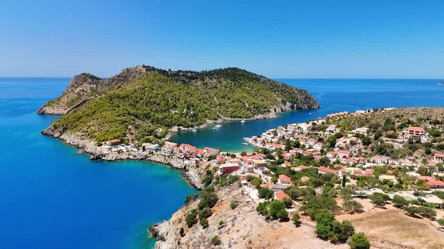 Drone view of the village of Assos in Kefalonia, Greece