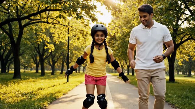Man teaching girl to roller skate in park