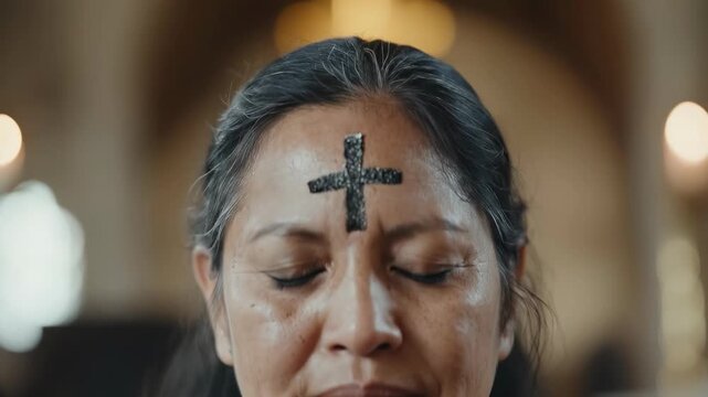 Ash Wednesday ritual: a devout person with an ash cross on forehead, eyes closed in deep prayer and contemplation during a Lenten service