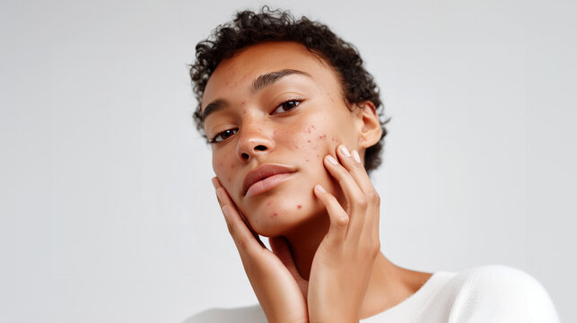 Young woman showing acne skin problem touching face closeup. Female demonstrating facial blemishes, pimples or breakout. Dermatology skincare treatment, clear complexion routine concept.