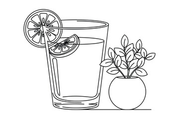 Glass of lemonade with lemon slices and plant outline