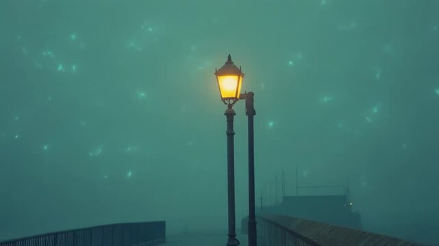 Classic street lamppost providing warm light on a pedestrian bridge, immersing in a dense, cool toned fog with ethereal, glowing particles floating in the mysterious sky